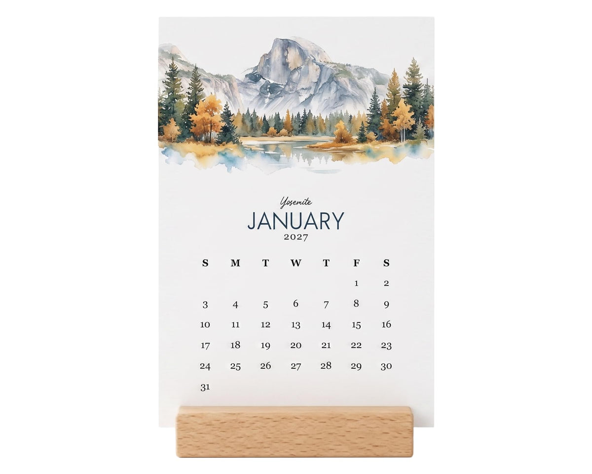 2027 Monthly Office Desk Calendar - Wildflowers - Watercolor Style - Wood Stand - Annual