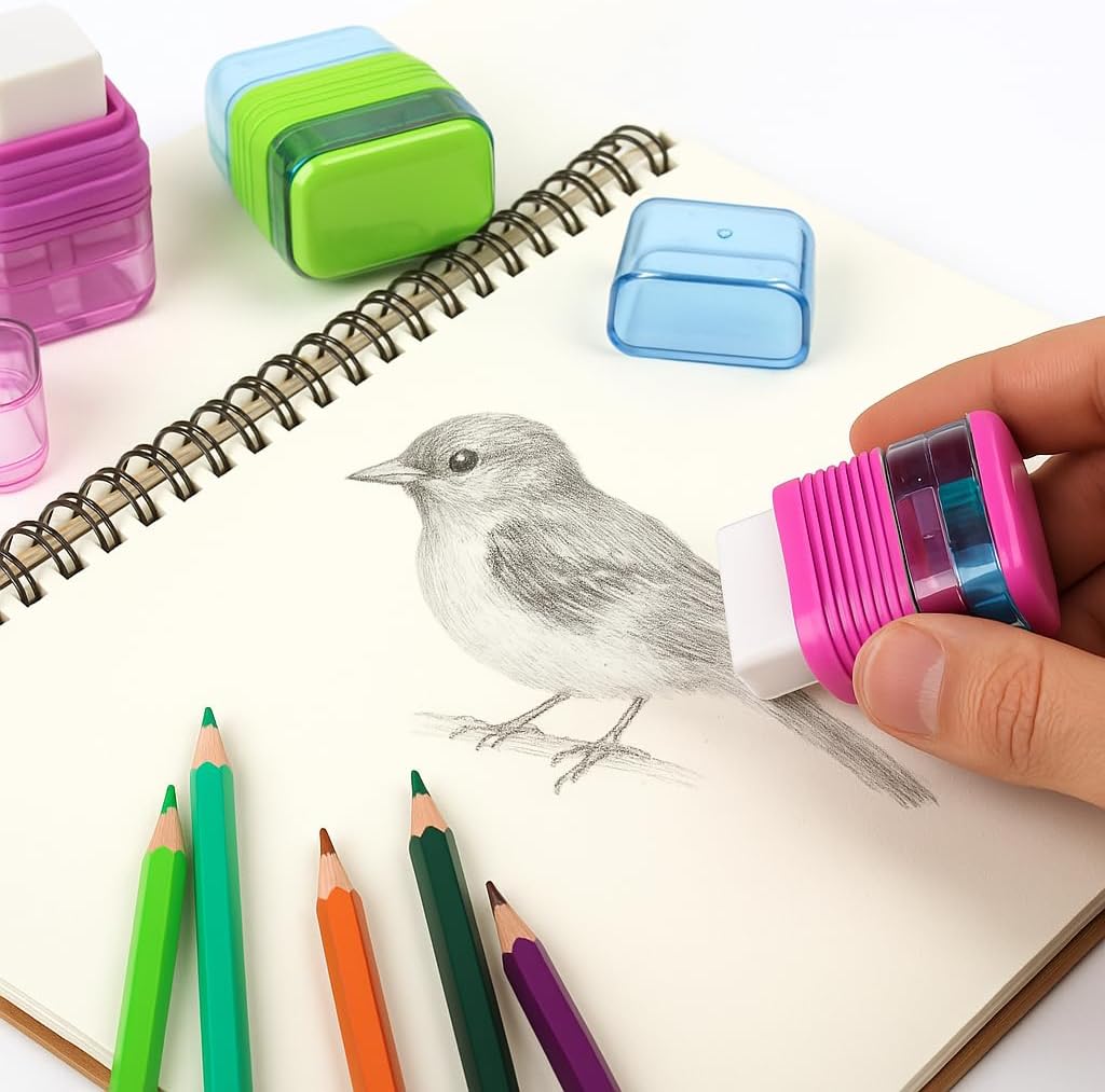 Set of 12 Dual-Hole Pencil Sharpeners with Erasers for School