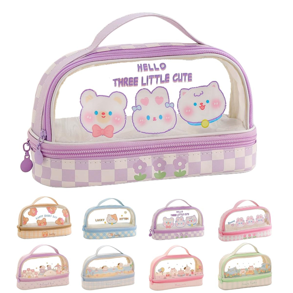 Bunny Pencil Pouch w/Handle Rabbit Kitten Bear Puppy Pen Case Cosmetic Bag Clear Case