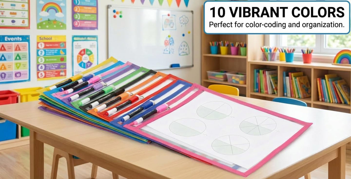 Dry Erase Pockets, 10 Pack Oversized 10 x 14 Reusable Sleeves for 8.5 x 11 Worksheets