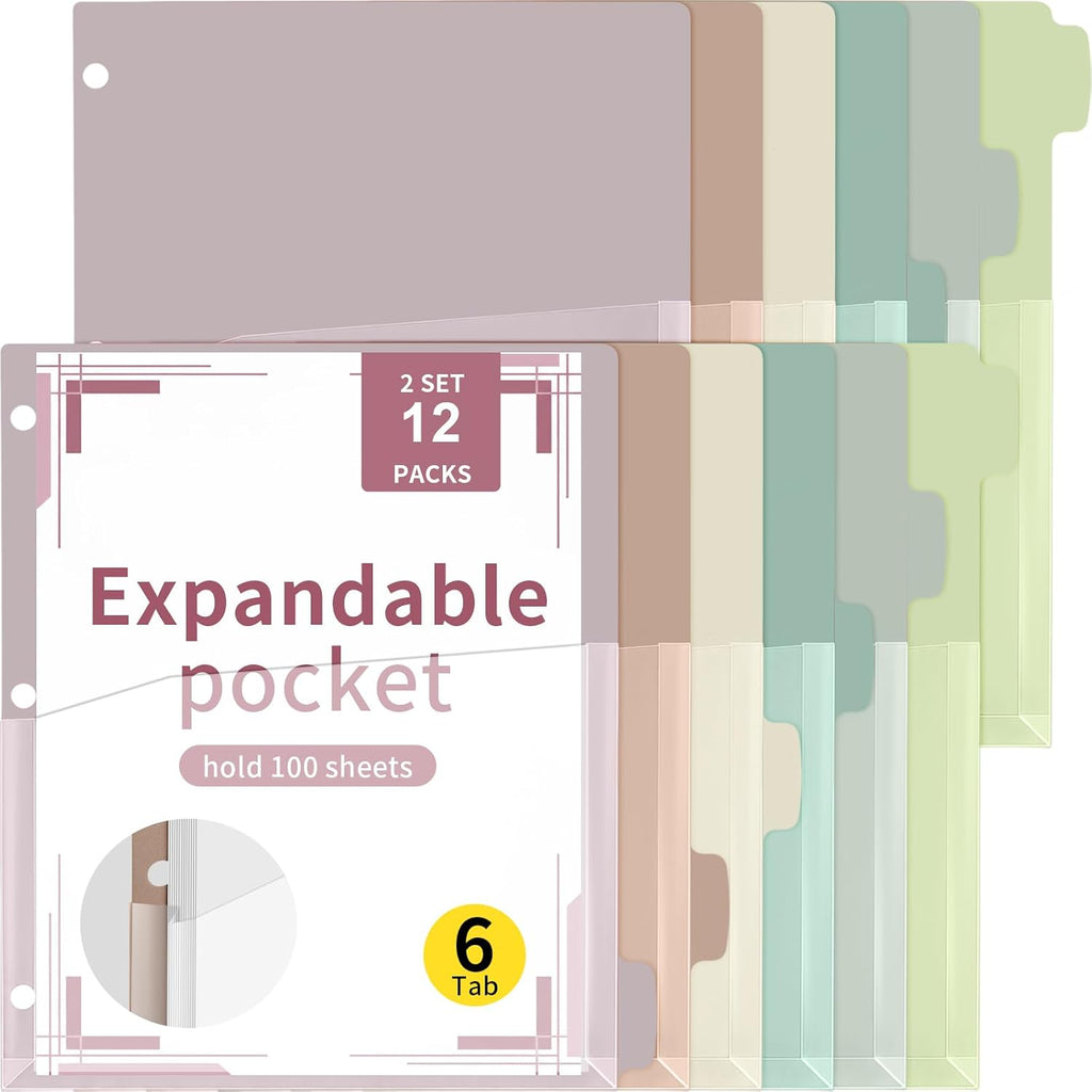 Chuangdi 12 Pack 6 Tab Expanding Binder Dividers with Pockets, Morandi