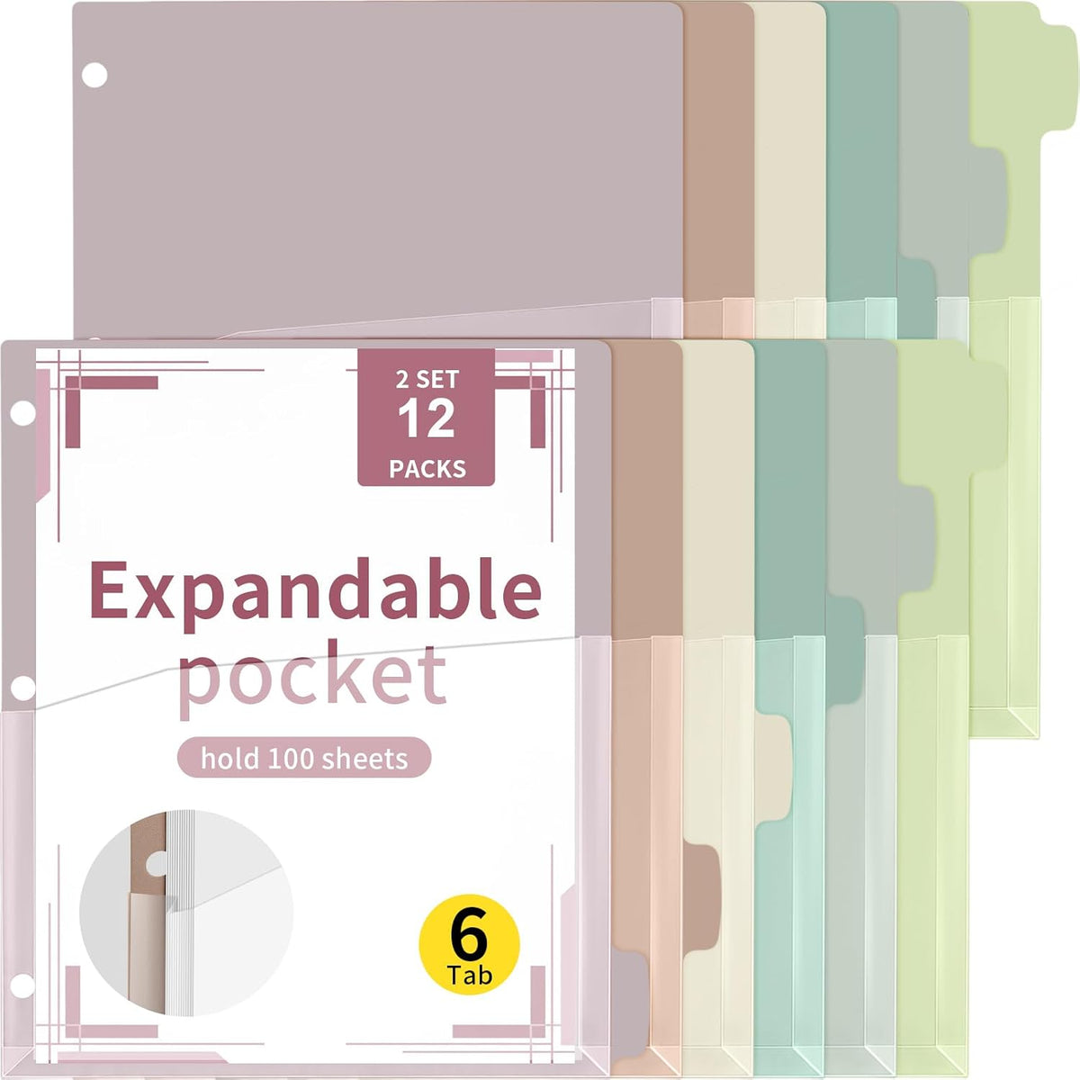 Chuangdi 12 Pack 6 Tab Expanding Binder Dividers with Pockets, Morandi