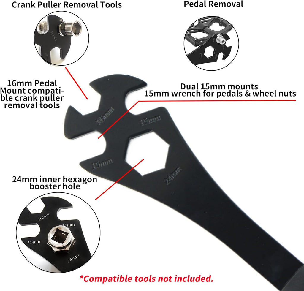 Bike Pedal Wrench 15/16/24mm Fits Crank Pullers Extra-Long Handle Steel