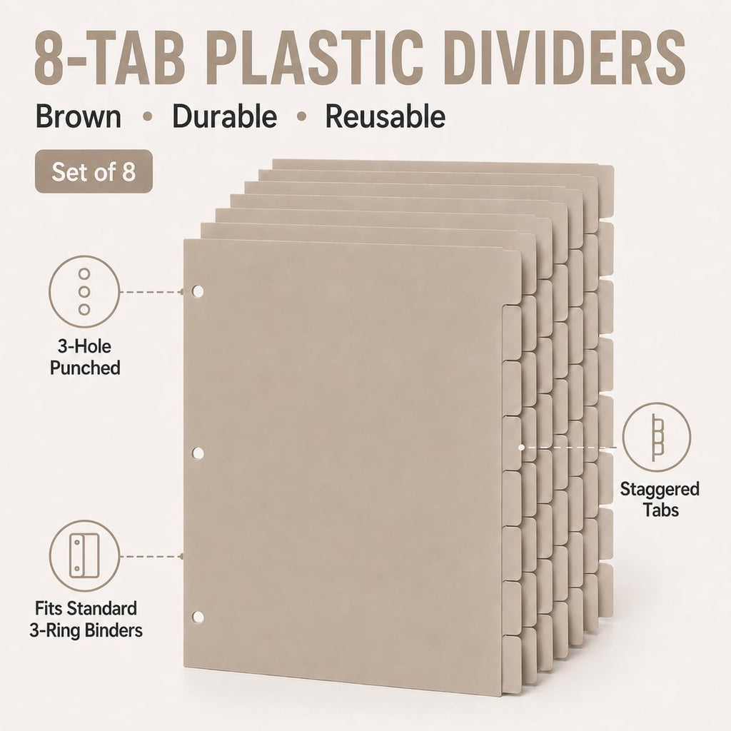 2 Set 8 Tab Brown Binder Dividers for 3 Ring Binder, Letter Size 8.5 x 11 Inch