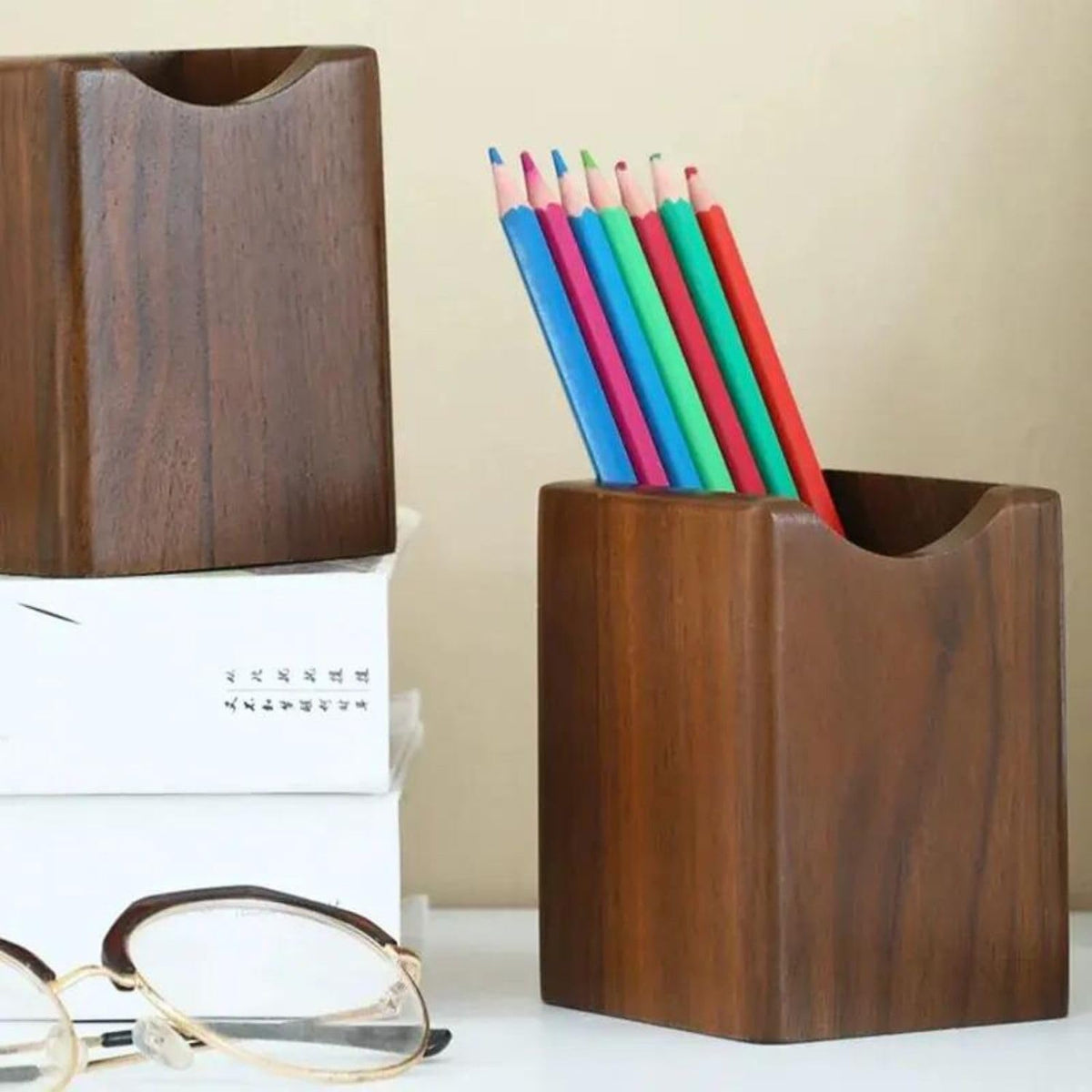 Wood Pen & Pencil Holder for Desk, 2 Pack – Brush Caddy (2 Pack Walnut Color)