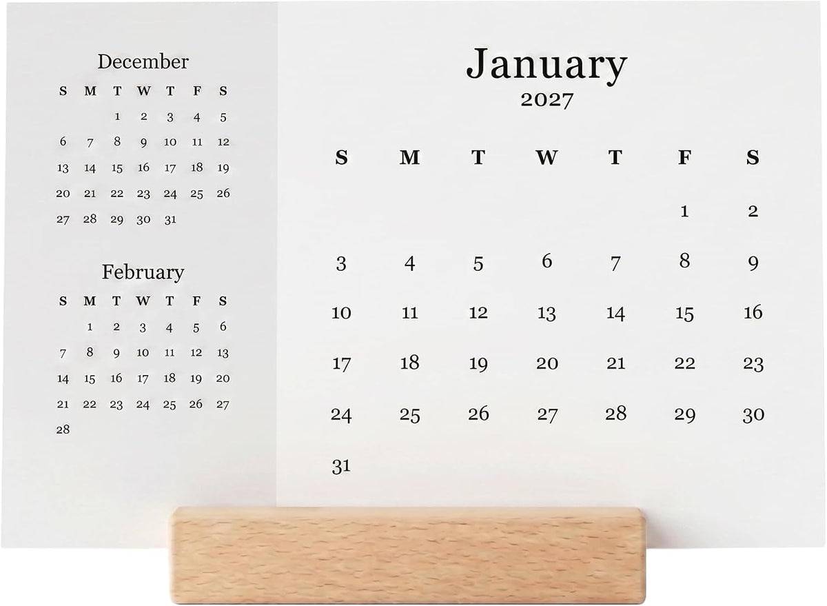 2027 Monthly Minimalist Office Desk Calendar - 3 Month Style - Wood Stand - Annual 12