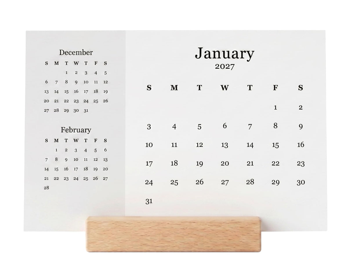 2027 Monthly Minimalist Office Desk Calendar - 3 Month Style - Wood Stand - Annual 12