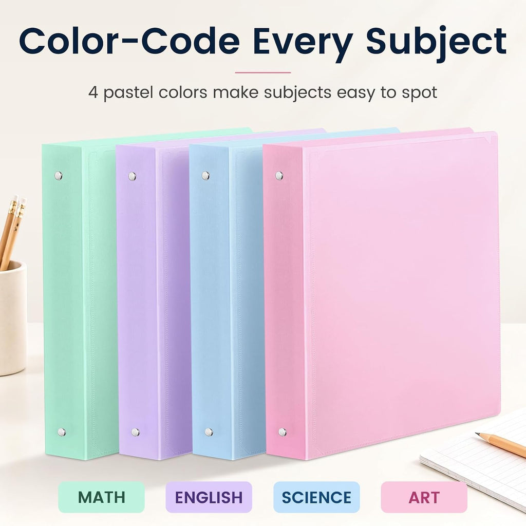 Sooez 1 Inch Binders 3 Ring, 4 Pack Lightweight Binders with Slim Flexible PP Covers
