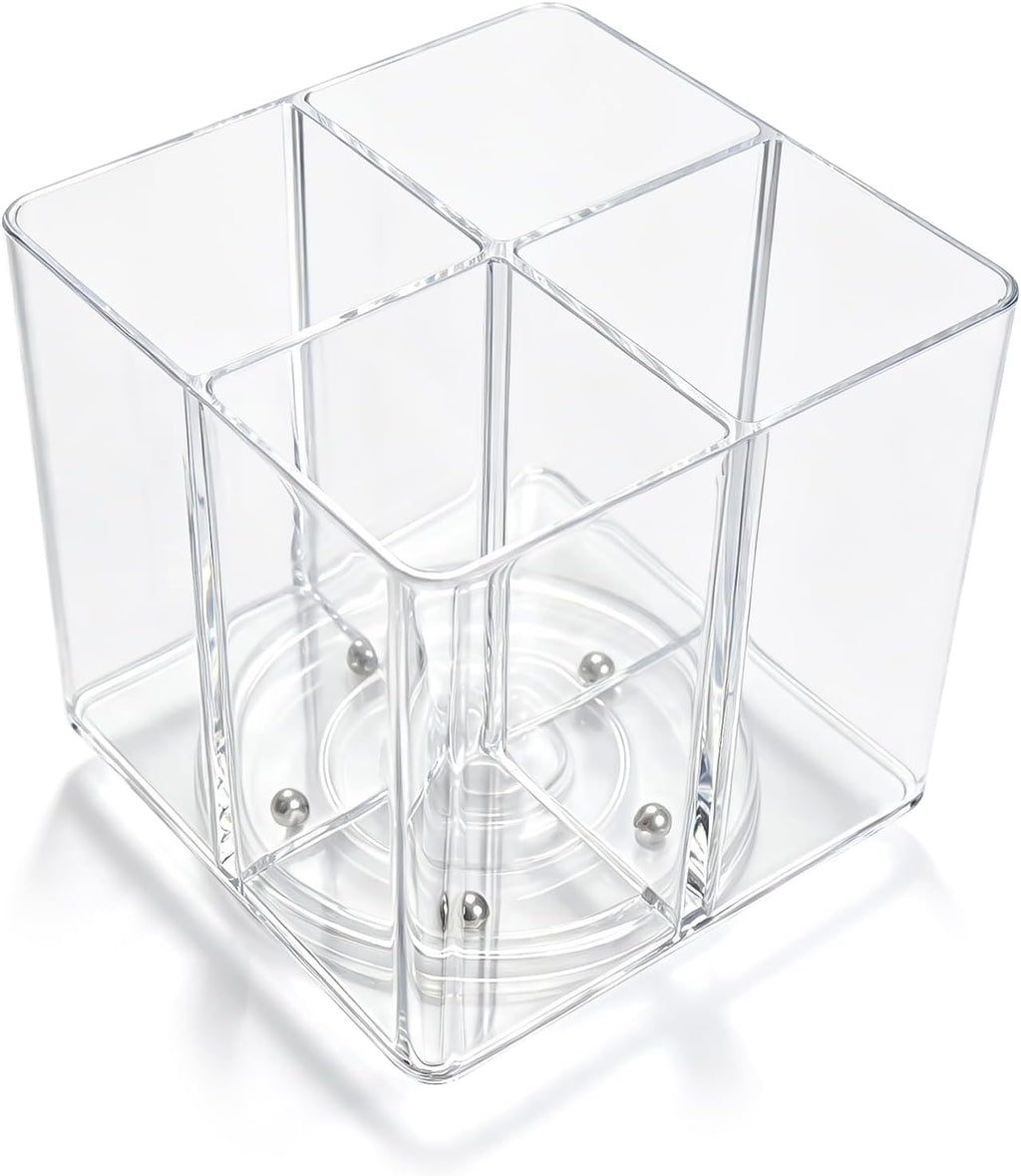 Clear Acrylic Pen Holder, 4 Compartments 360°Rotating Desk Organizer