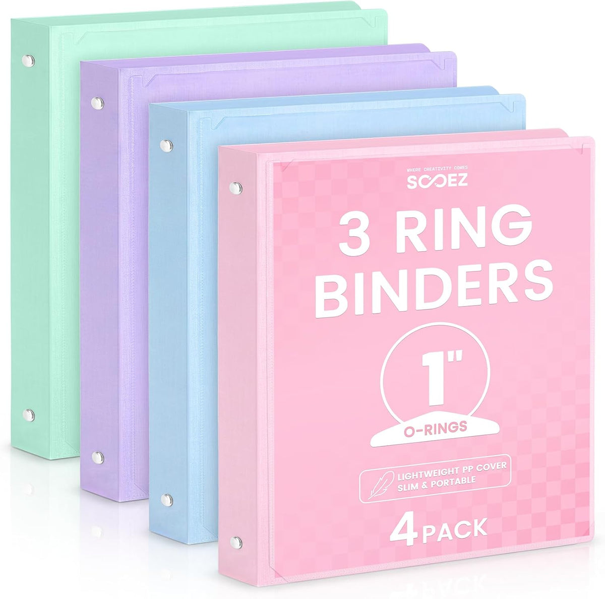 Sooez 1 Inch Binders 3 Ring, 4 Pack Lightweight Binders with Slim Flexible PP Covers