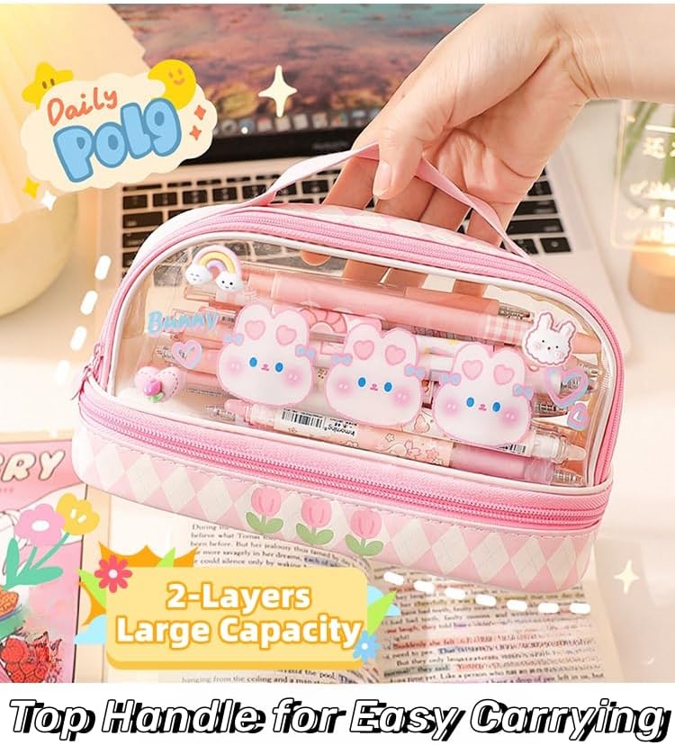 Bunny Pencil Pouch w/Handle Rabbit Kitten Bear Puppy Pen Case Cosmetic Bag Clear Case