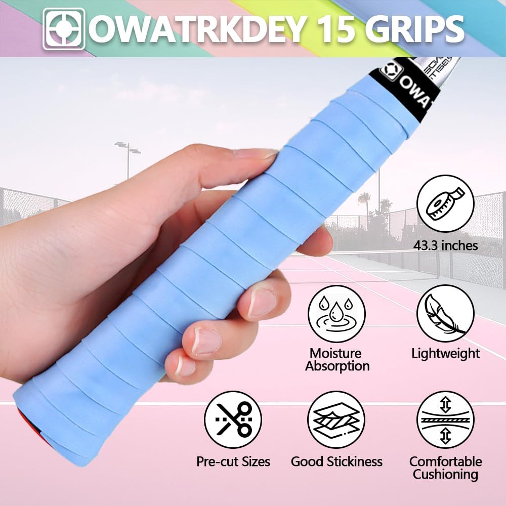 15 Pack Tennis Racket Grip Tape, Precut PU Anti-Slip Tennis Racquet Grip Tape with Dry