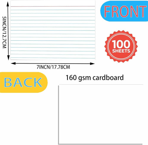 100 Pack 5x7 Ruled Index Cards, Heavyweight 160g Large Lined Note Cards