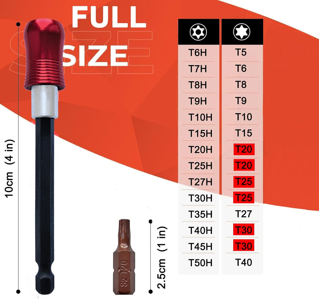 Torx Bit Set 28+1pcs (T5-T50), 1/4 Hex-Shank S2 Steel Security Torx Bit Set