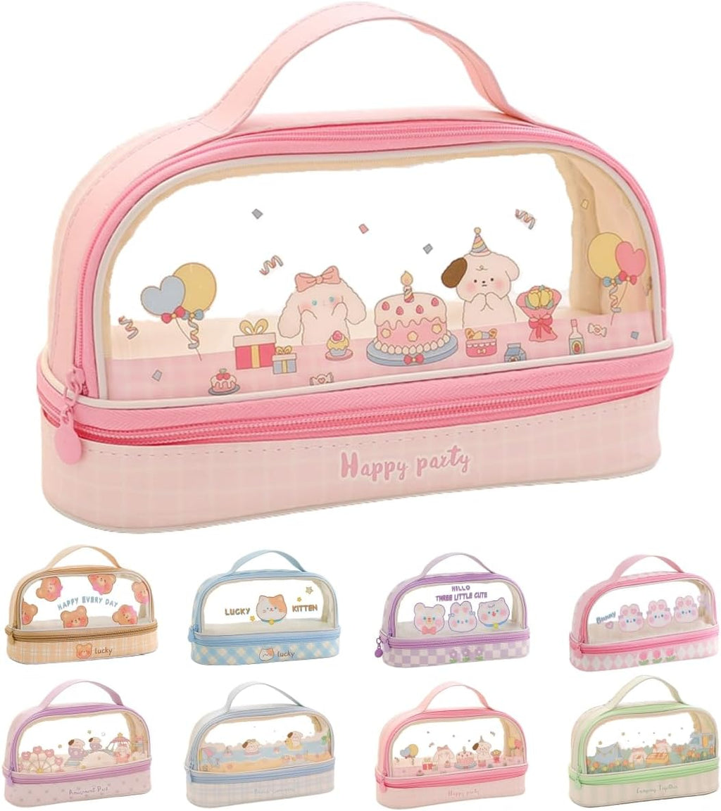 Bunny Pencil Pouch w/Handle Rabbit Kitten Bear Puppy Pen Case Cosmetic Bag Clear Case