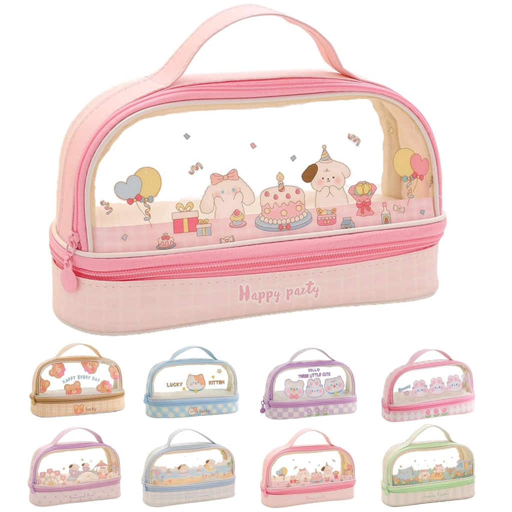 Bunny Pencil Pouch w/Handle Rabbit Kitten Bear Puppy Pen Case Cosmetic Bag Clear Case