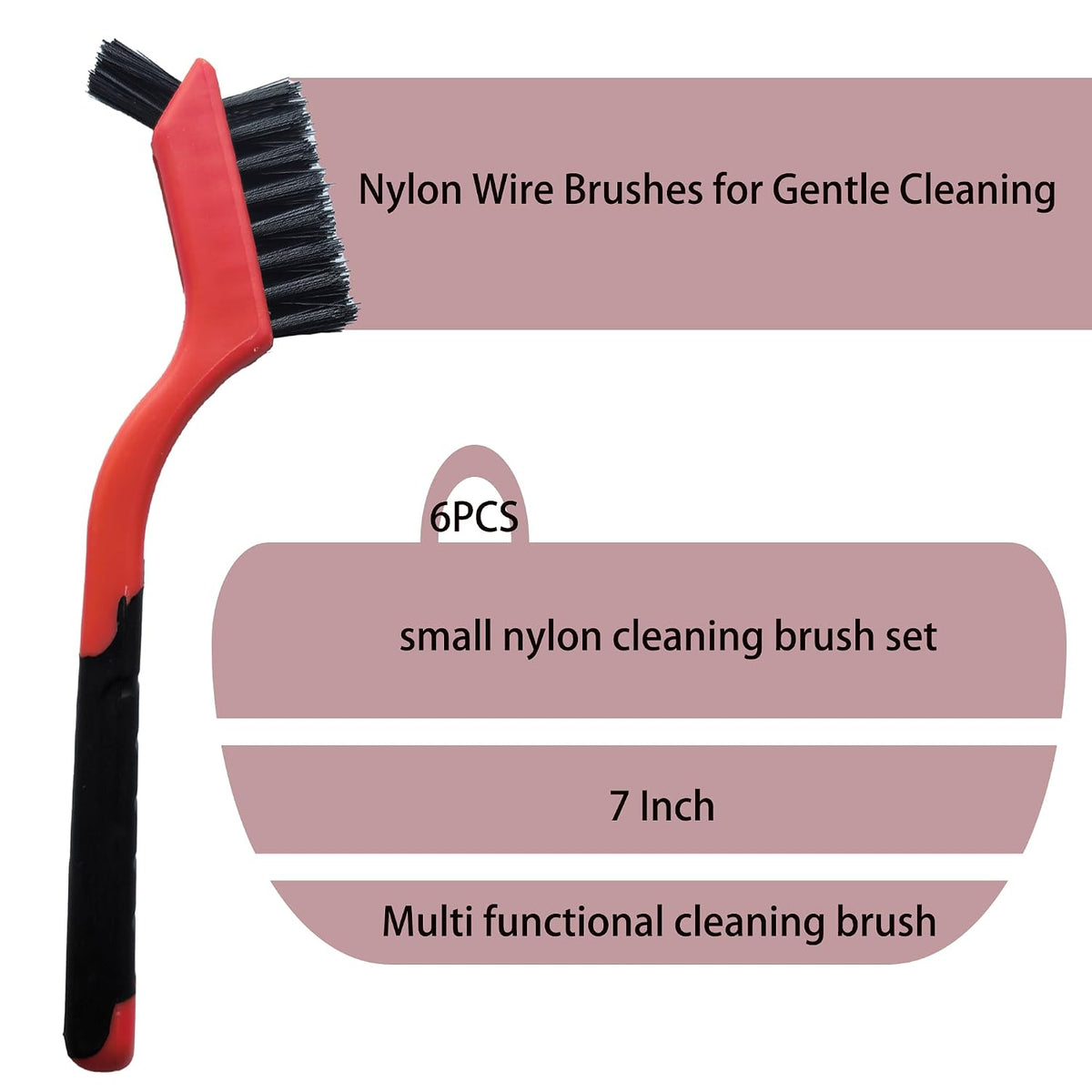 6-Pack Nylon Cleaning Brushes - Non-Scratch Nylon Bristles for Delicate Surfaces & Daily