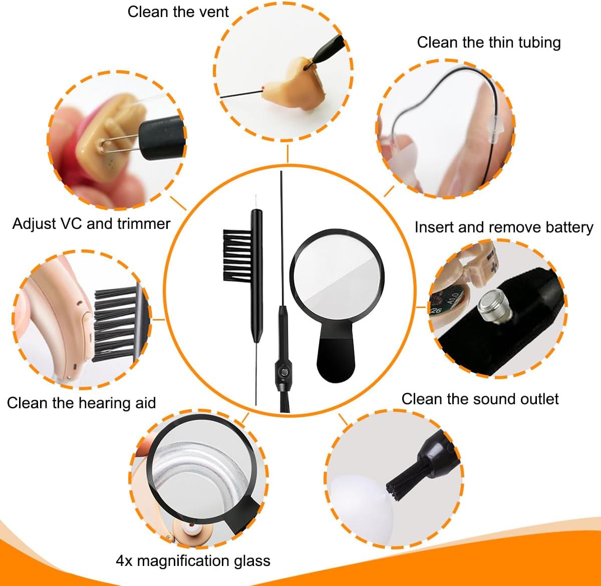 15-Piece Hearing Aid Earbud Cleaning Kit with Wax Loop, Carry Case