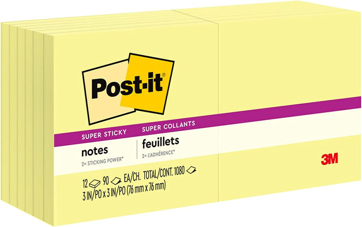 Post-it Super Sticky Notes, 12 Sticky Note Pads, 3 x 3 in., School Supplies