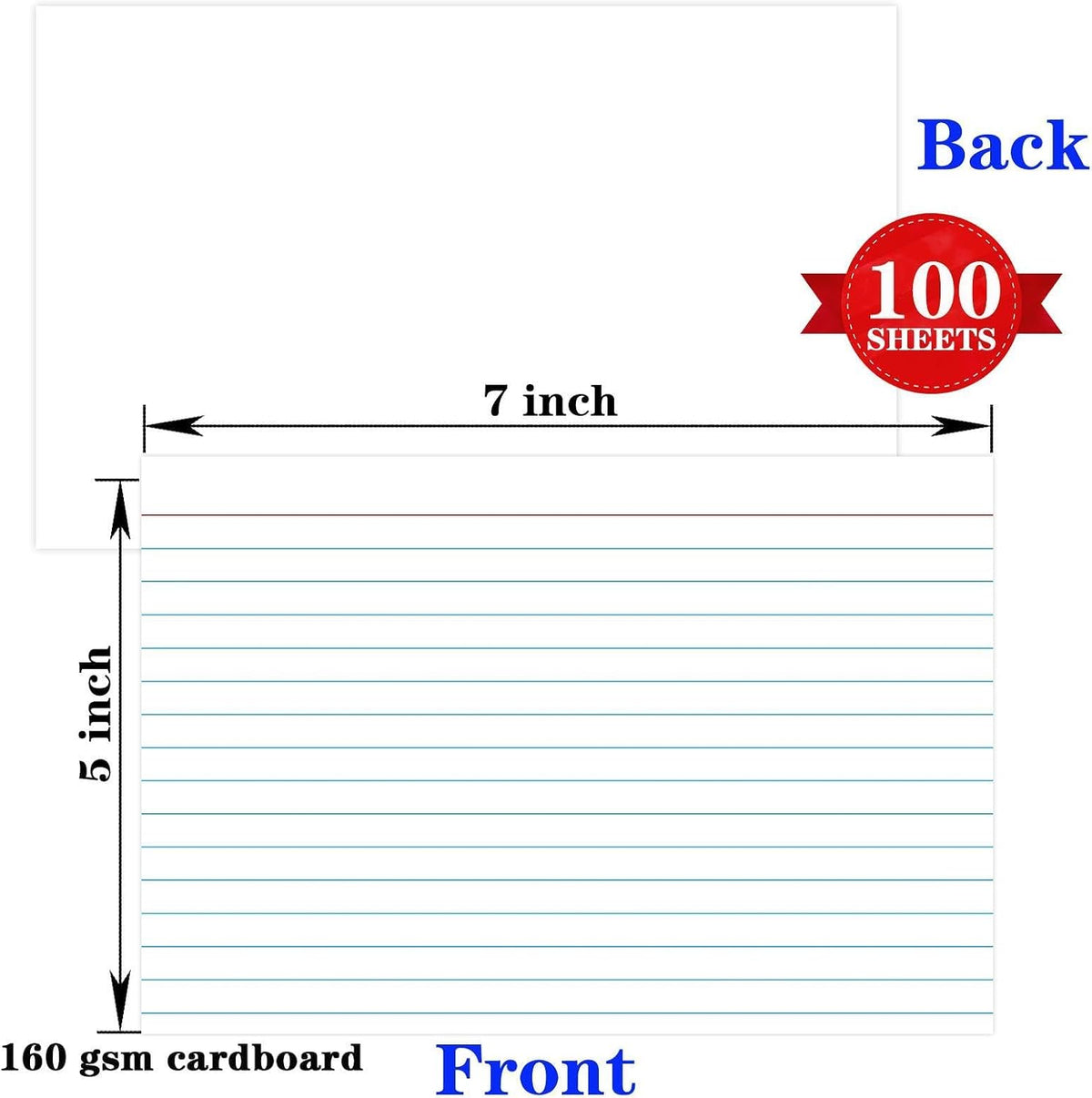 100 Pcs Index Cards 5x7 Ruled - Pinovk Flash Cards for Studying, White Index Cards