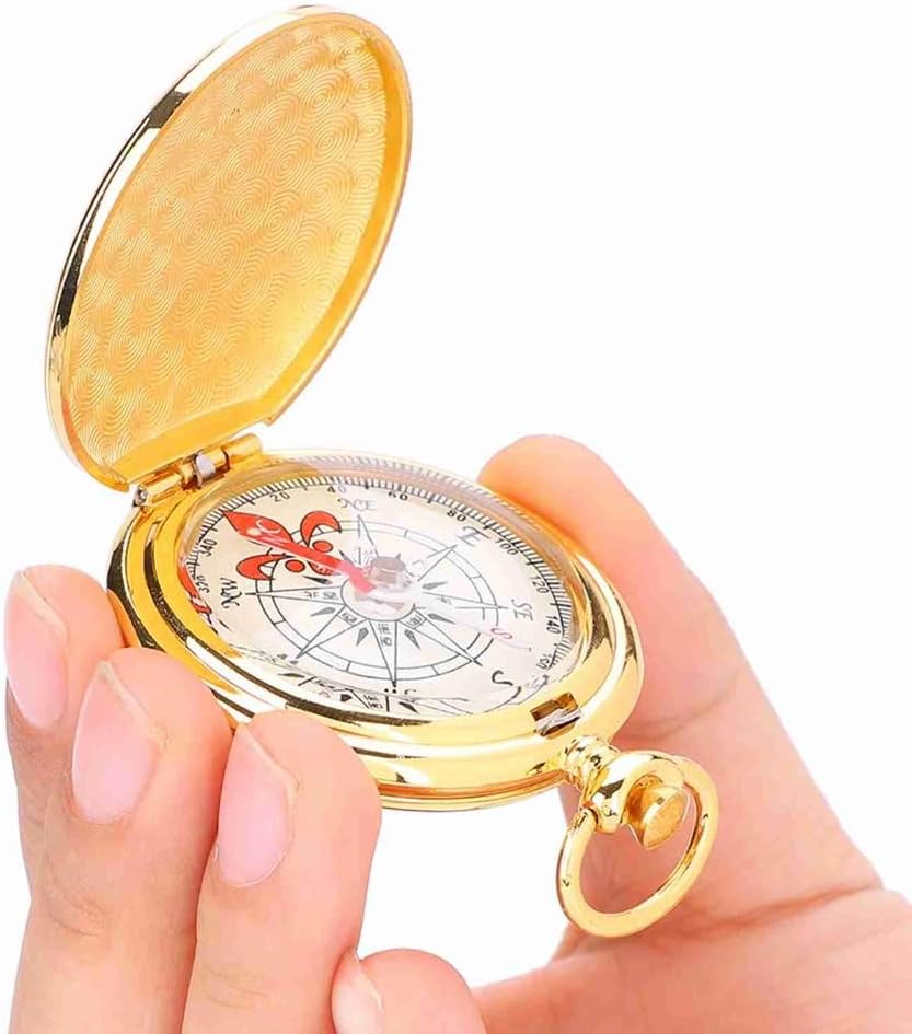 2 Pcs Golden Antique Navigation Compass Keychain – Water Proof Flip-Open Pocket Compass