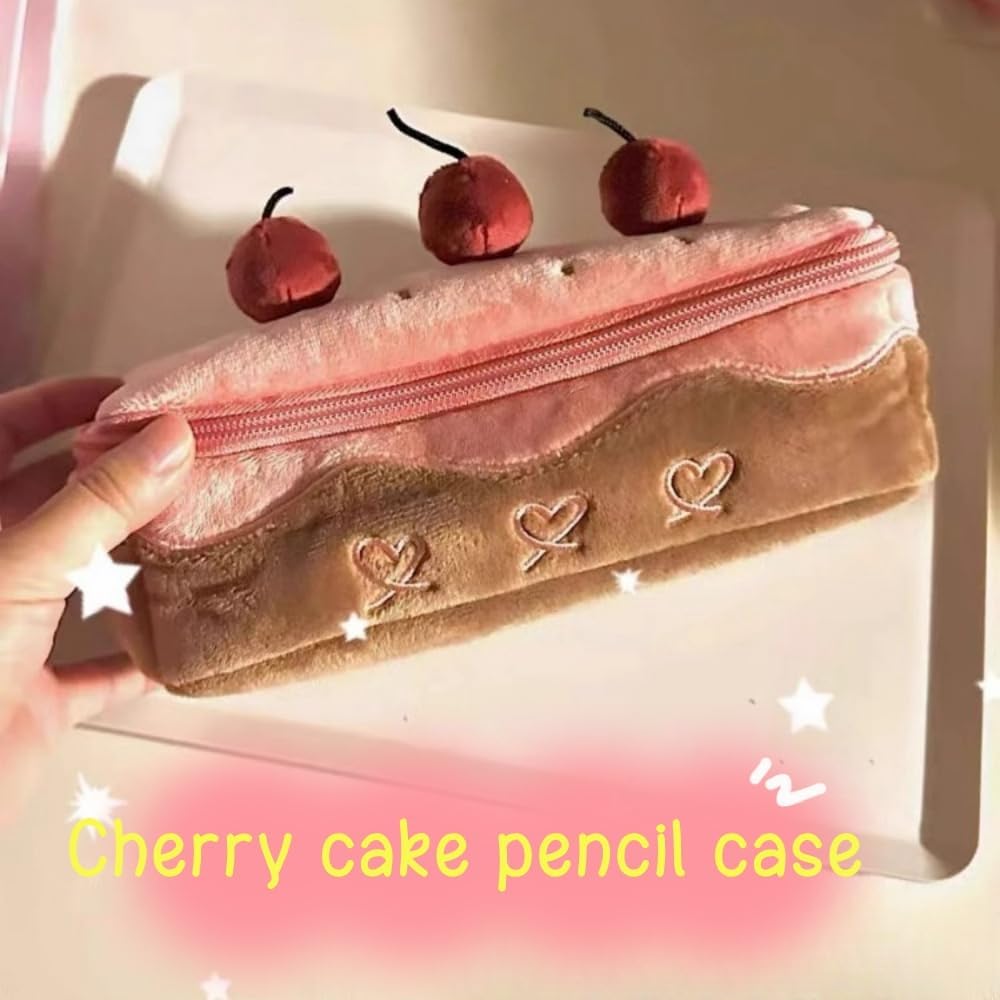 Cherry Cake Pencil Case Big Capacity Pen Holder Plush Pencil Pouch Box Cute Aesthetic Pen