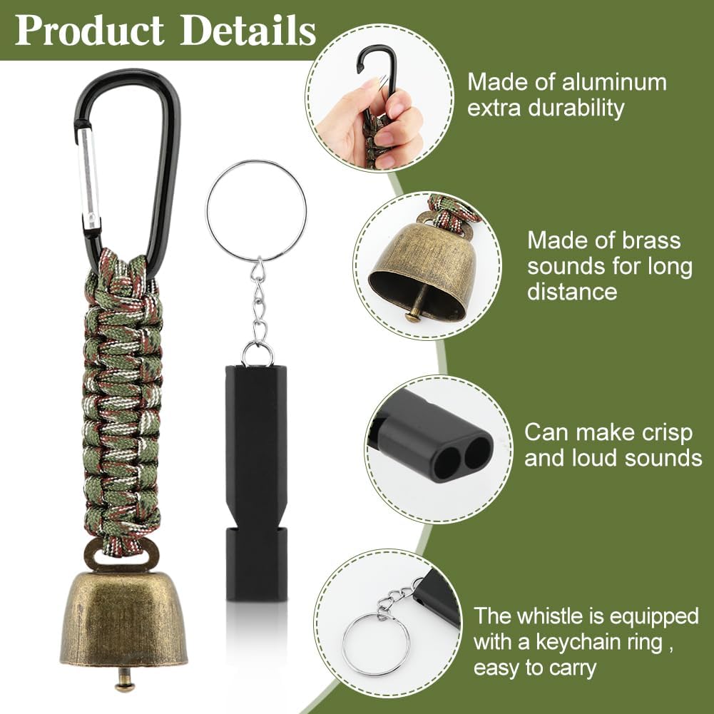 3pcs Bear Bell with 3pcs Whistle Aluminum Bear Bells for Hiking and Emergency Whistle for