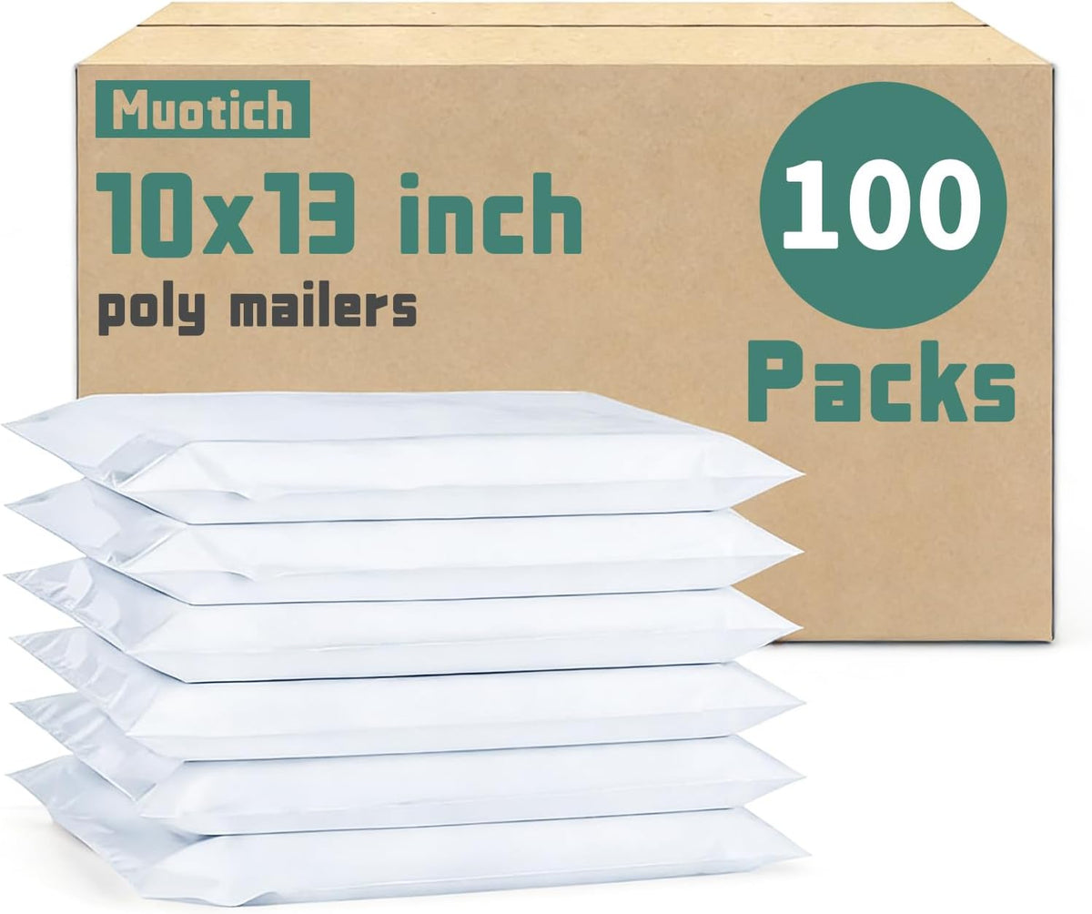 10x13 Inch Poly Mailers 100Pcs White, Self Adhesive Sealing Shipping Bags for Clothing