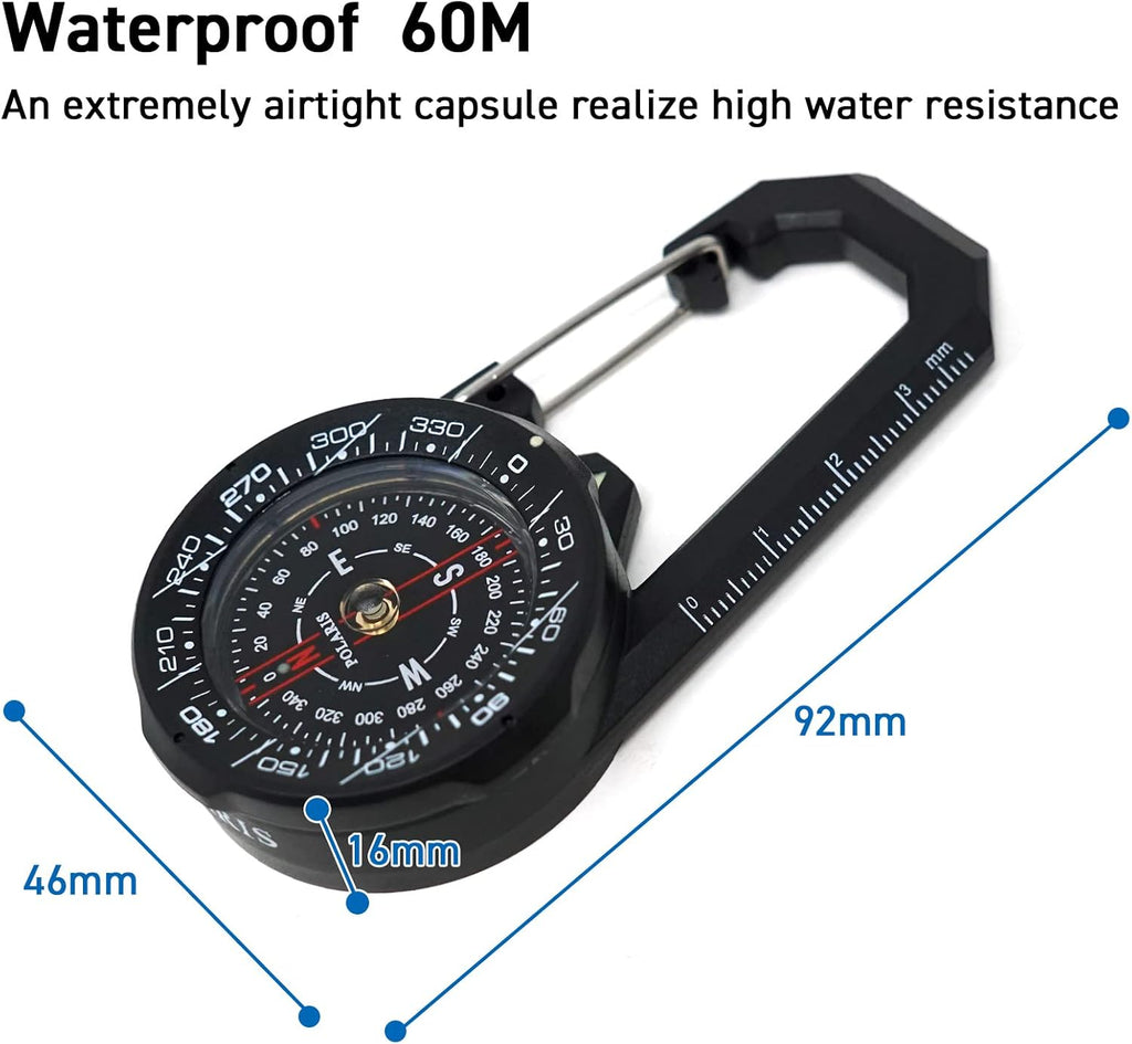 Polaris Tough Clip on Compass 60M Waterproof with Rotating Bezel Water Resistant for