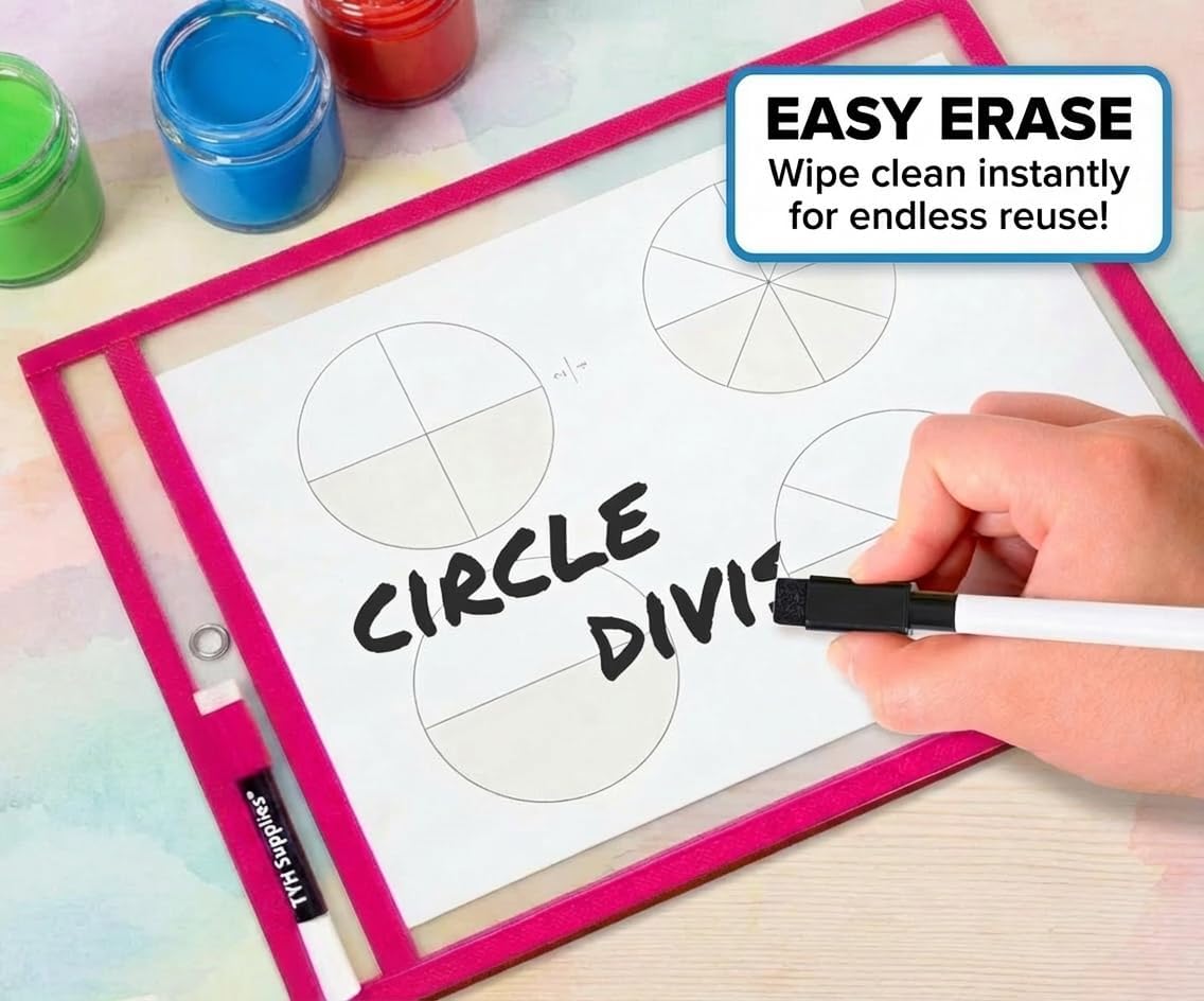 Dry Erase Pockets, 10 Pack Oversized 10 x 14 Reusable Sleeves for 8.5 x 11 Worksheets