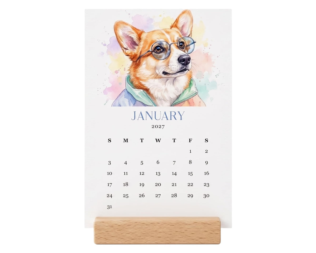2027 Monthly Office Desk Calendar - Wildflowers - Watercolor Style - Wood Stand - Annual