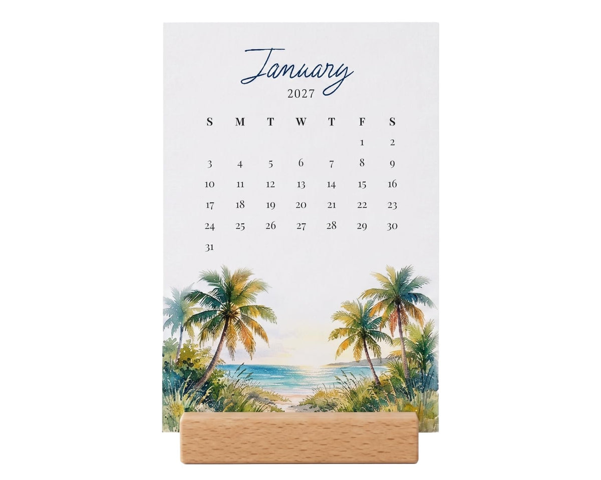 2027 Monthly Office Desk Calendar - Wildflowers - Watercolor Style - Wood Stand - Annual