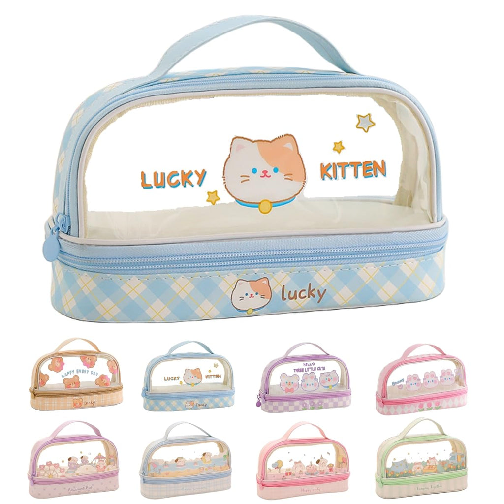 Bunny Pencil Pouch w/Handle Rabbit Kitten Bear Puppy Pen Case Cosmetic Bag Clear Case
