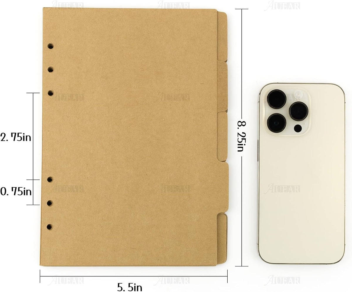AUEAR, 3 Sets A5 Kraft Paper Divider 6 Holes Ring Index Page Tab Cards for Travel Diary