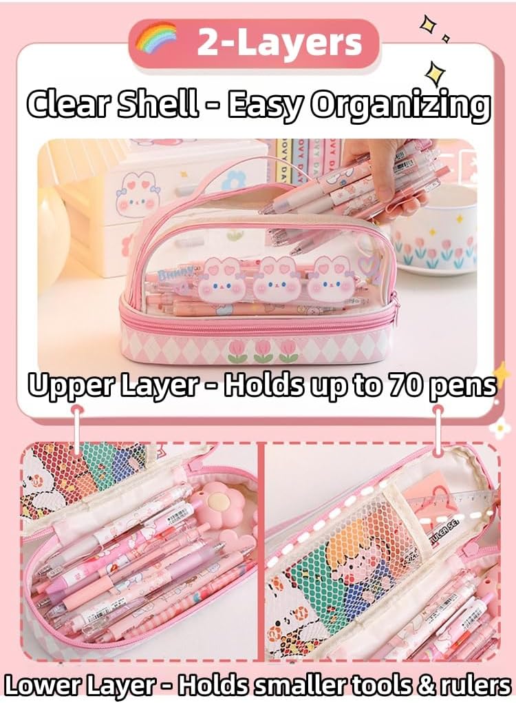 Bunny Pencil Pouch w/Handle Rabbit Kitten Bear Puppy Pen Case Cosmetic Bag Clear Case