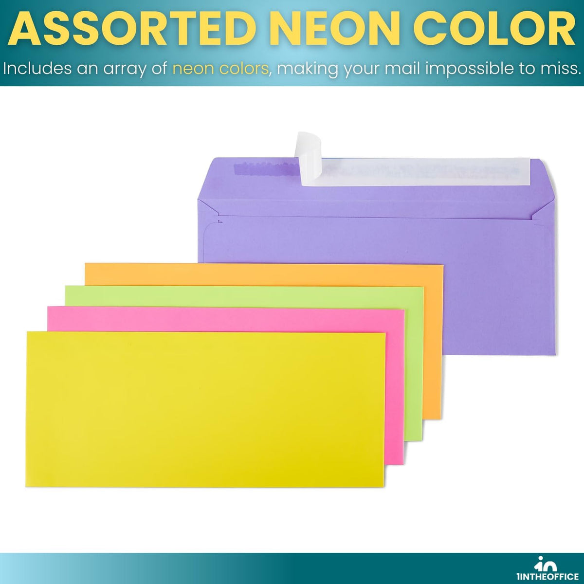1InTheOffice EasyClose Neon Brights Color Envelopes, #10, Assorted, 4 1/8"H x 9 1/2"W