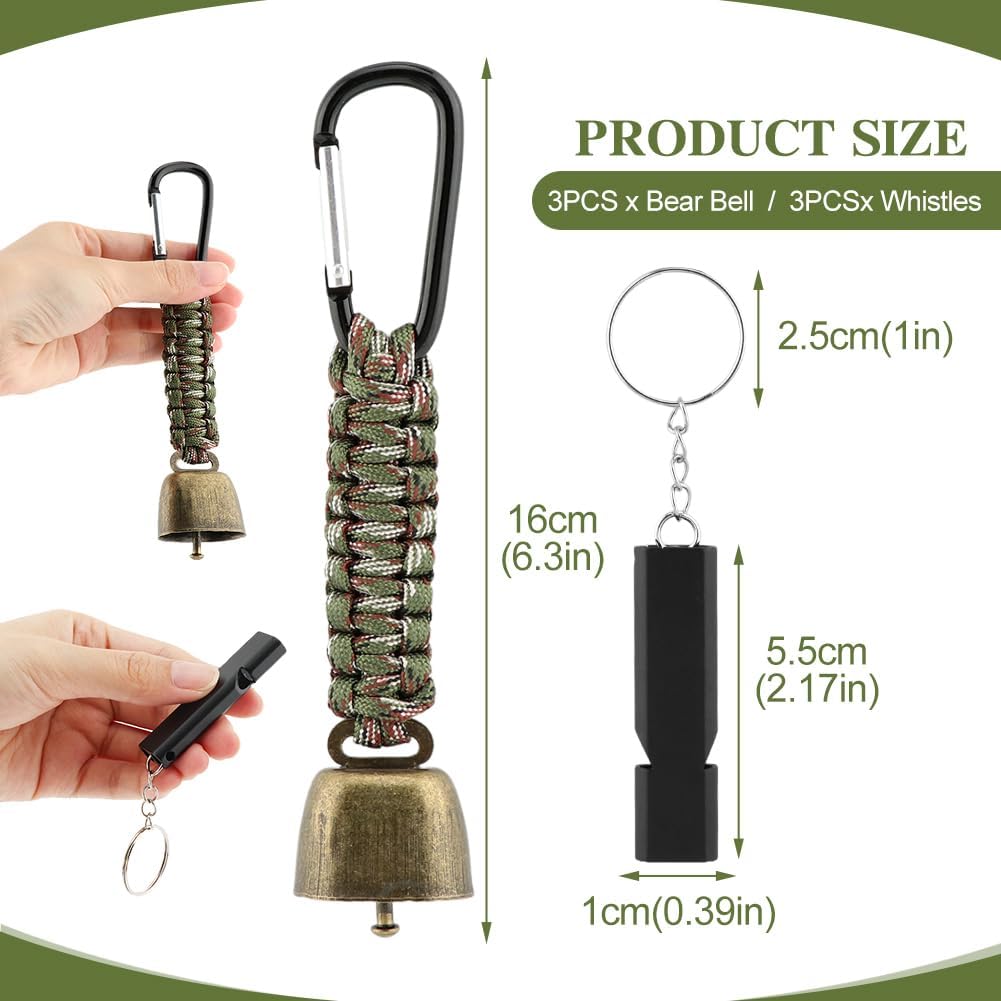 3pcs Bear Bell with 3pcs Whistle Aluminum Bear Bells for Hiking and Emergency Whistle for