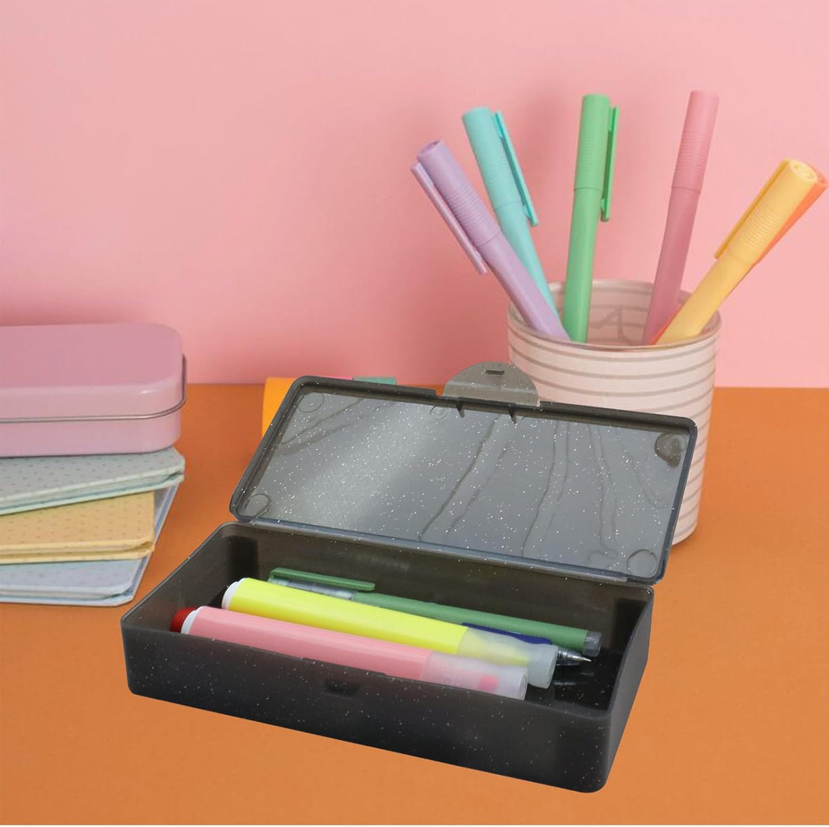 2PCS Large Capacity Pencil Box Plastic Pencil Case (Frosted Black)