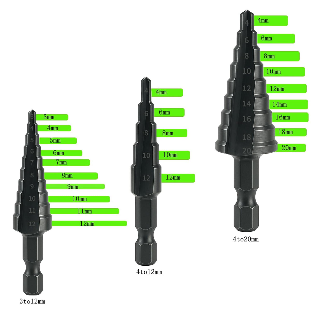 3-Piece HSS Cobalt Step Drill Bit Set, 1/8" to 7/8" Sizes, 4-Flute Design for Metal
