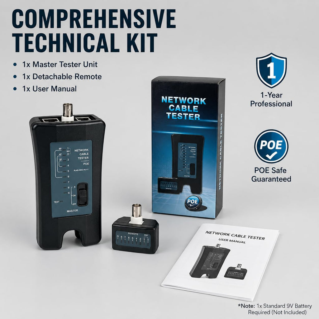 3-in-1 Network Cable Tester with PoE Anti-Burnout Protection, RJ45 Ethernet, BNC Coaxial