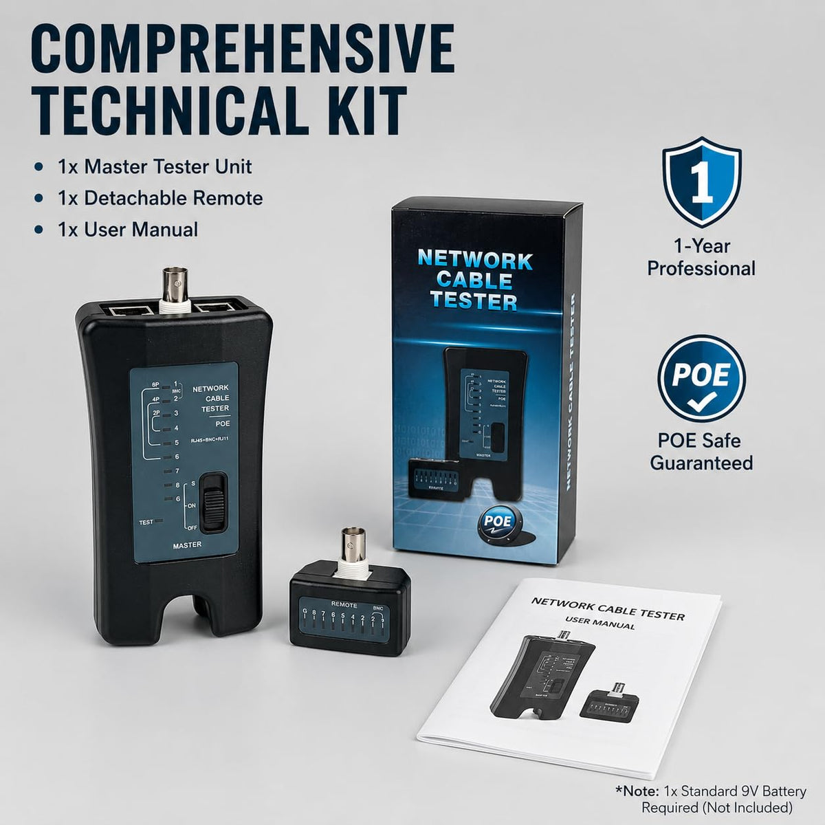 3-in-1 Network Cable Tester with PoE Anti-Burnout Protection, RJ45 Ethernet, BNC Coaxial