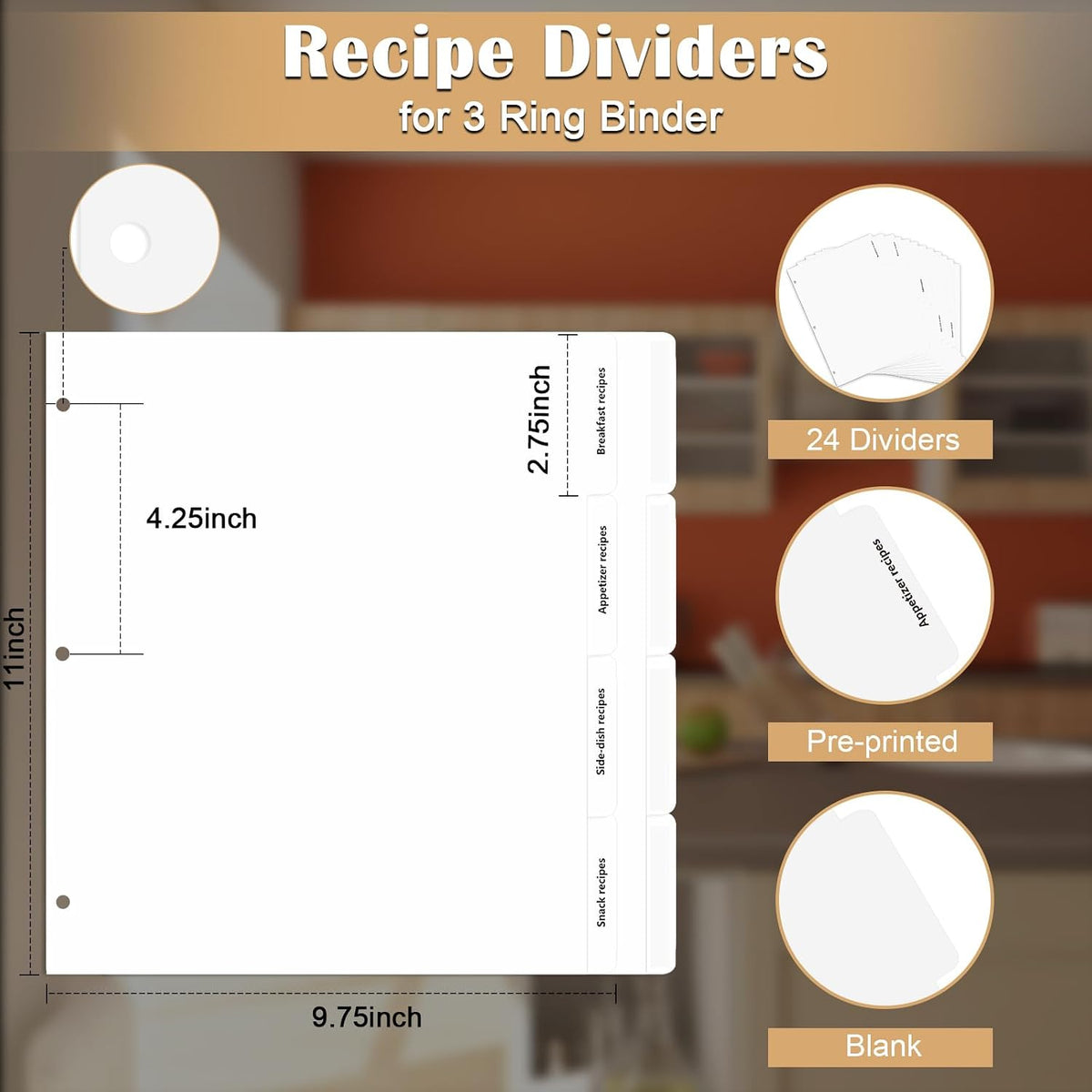 Recipe Dividers for 3 Ring Binder Set 9 3/4”×11” Black and Pre-Printed Recipe Binder
