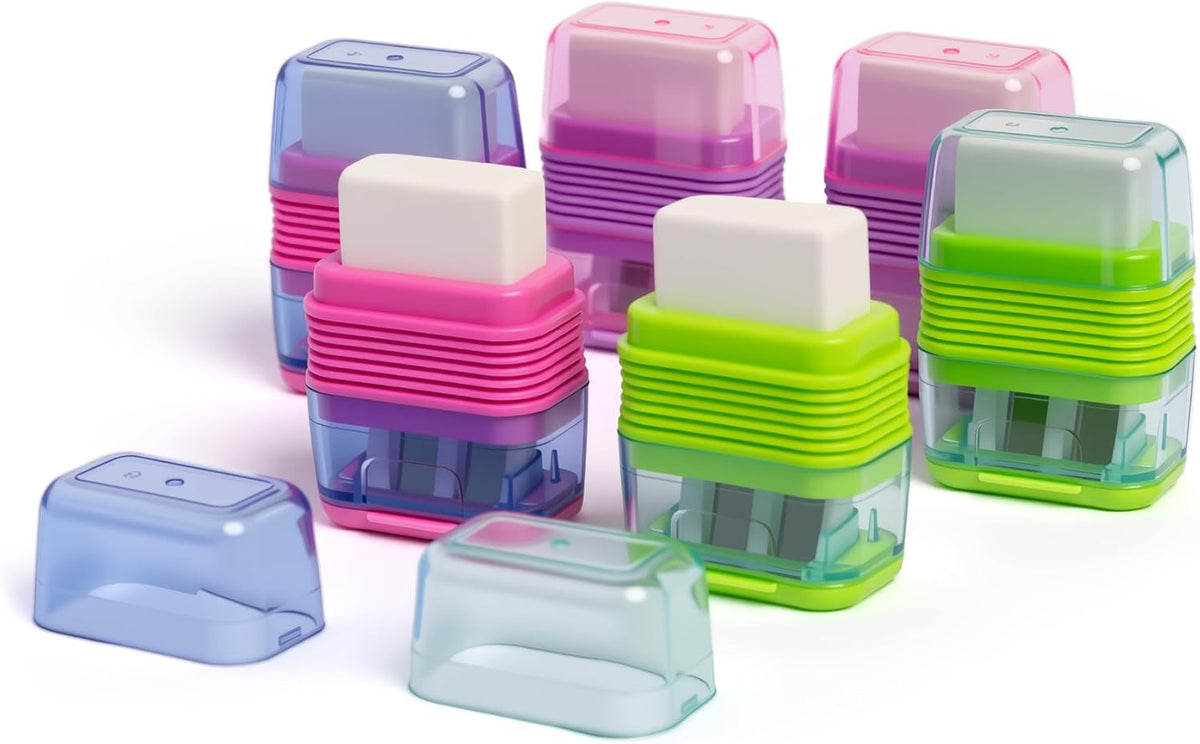 Set of 12 Dual-Hole Pencil Sharpeners with Erasers for School