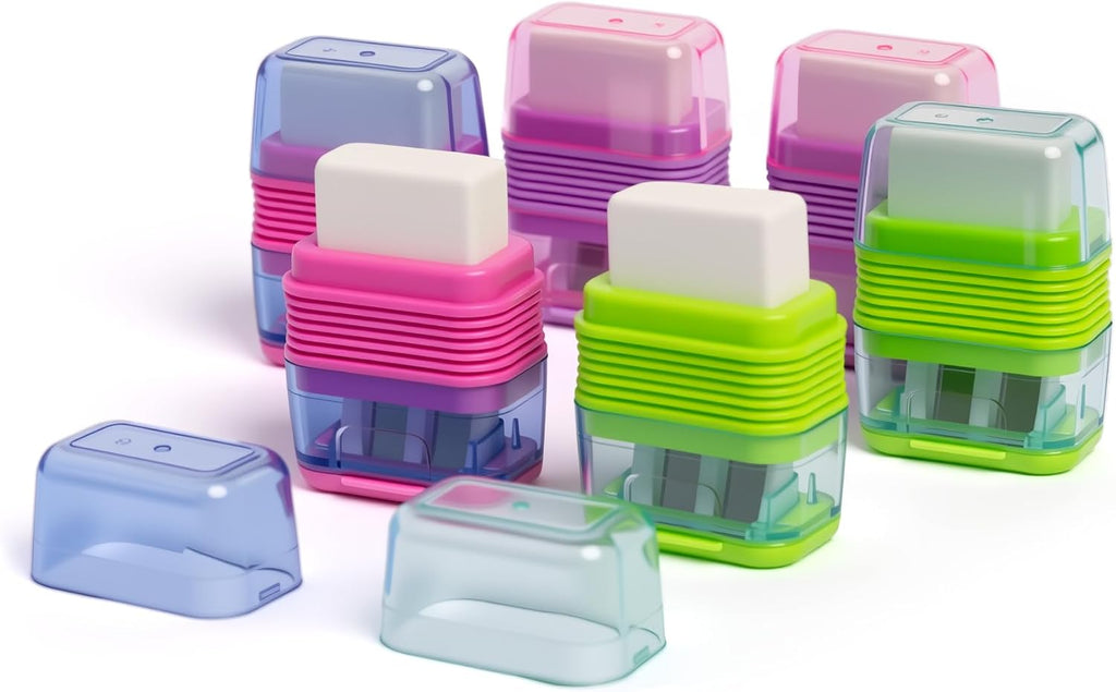Set of 12 Dual-Hole Pencil Sharpeners with Erasers for School