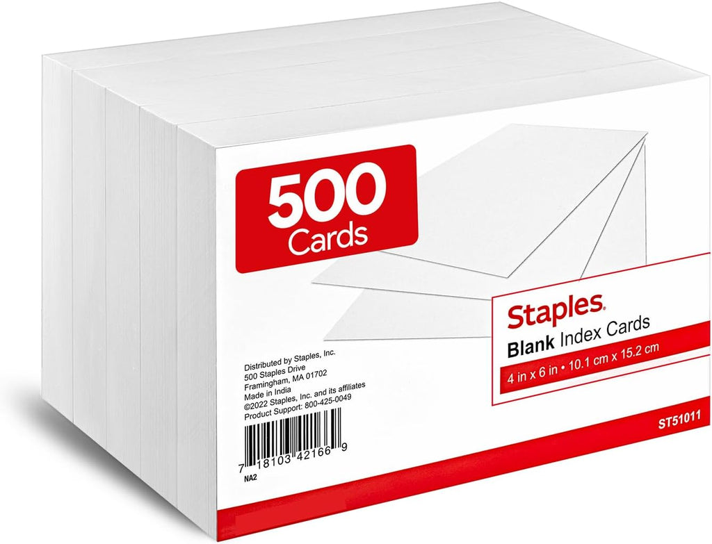 Staples Index Cards, 4x6 Inch, Blank, White, Acid-Free, 500-Pack
