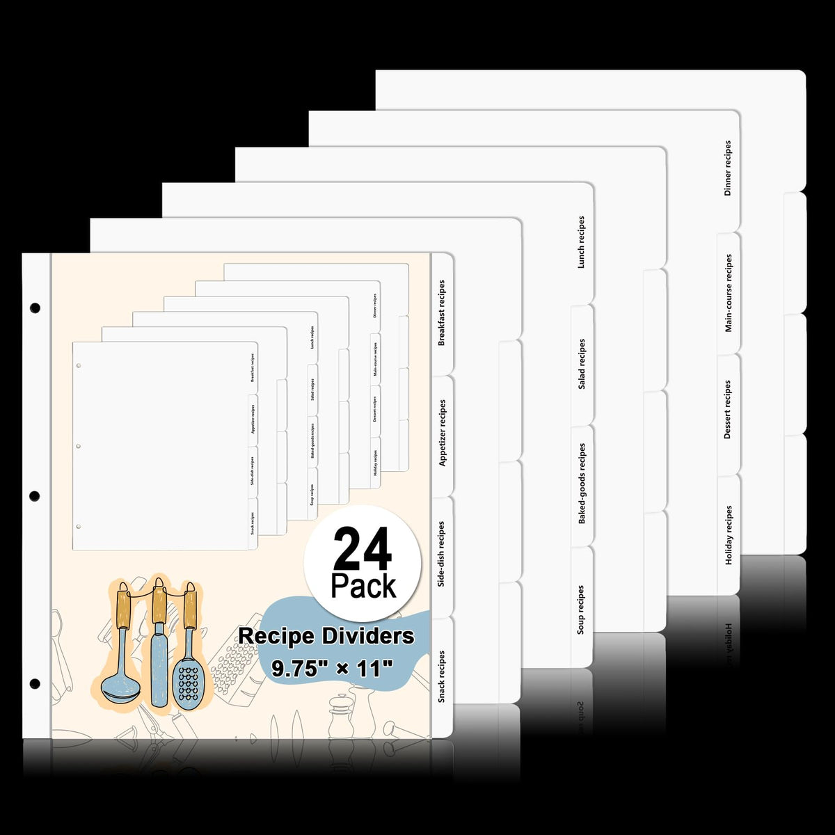 Recipe Dividers for 3 Ring Binder Set 9 3/4”×11” Black and Pre-Printed Recipe Binder