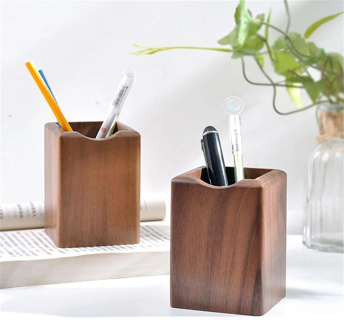 Wood Pen & Pencil Holder for Desk, 2 Pack – Brush Caddy (2 Pack Walnut Color)