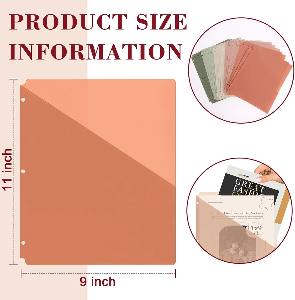 20 Pack Binder Dividers with Pockets Letter Size Clear Slash File Jacket 3 Hole Punch