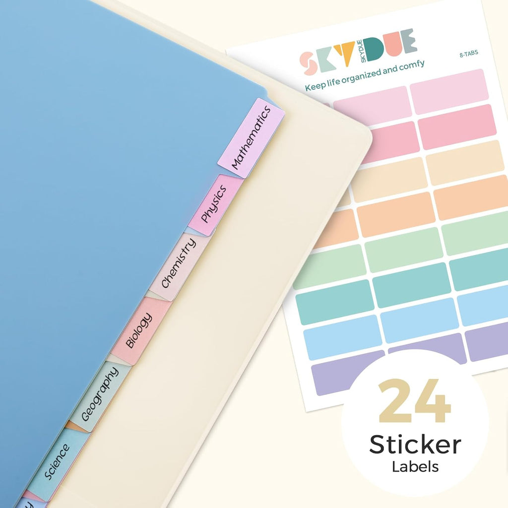SKYDUE 1 Inch 3 Ring Binder with 8 Tab Dividers & 24 Labels