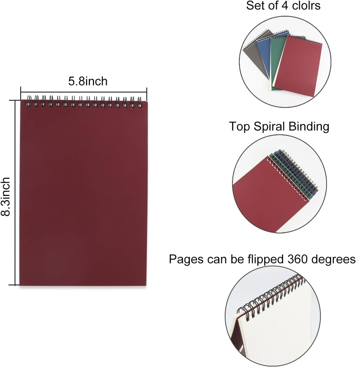 4 Pack Graph Paper Notebook, A5 Top Wirebound Grid Spiral Notebook 5.8" x 8.3",60 Sheets